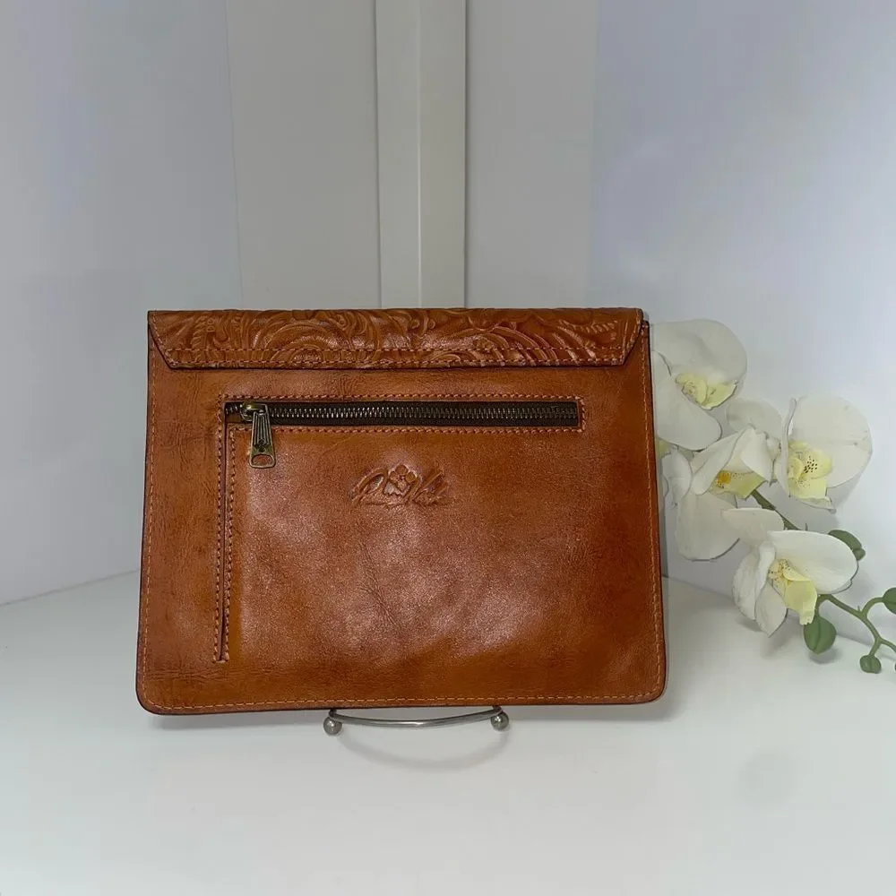 Patricia Nash Tooled Midi Tech Portfolio Brown Leather Clutch